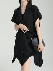 Irregular Clipping Short Sleeves Pure Color Notched Collar Mini Dresses