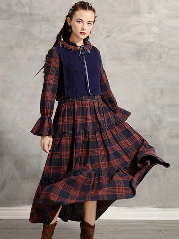 Vintage Pleated Bow Plaid Doll-Neck Midi Dress