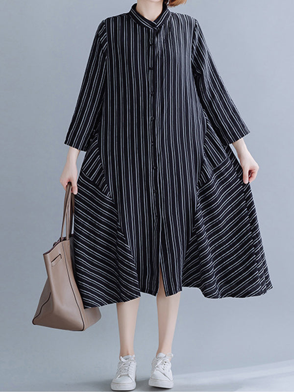 Vintage Stand Collar Striped Shirt Dress