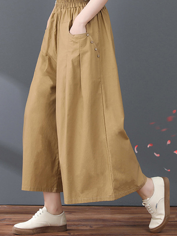 Stretch Waist Button Pocket Adorns Wide-Leg Skirt Woman