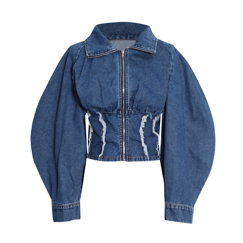 Urban Stand Collar Zipper High-Waist Denim Outerwear