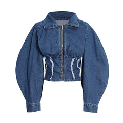 Urban Stand Collar Zipper High-Waist Denim Outerwear