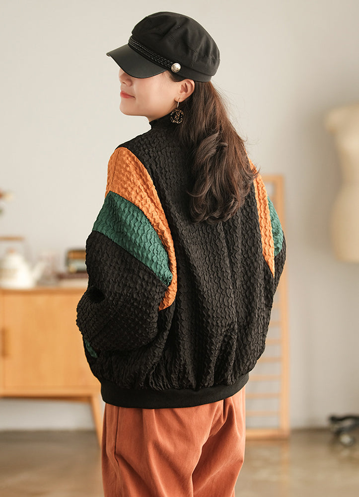 Retro Pleated Contrast Color Zipper Comfortable Sweater Coat