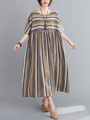 Loose Striped Short Sleeves Maxi Dress