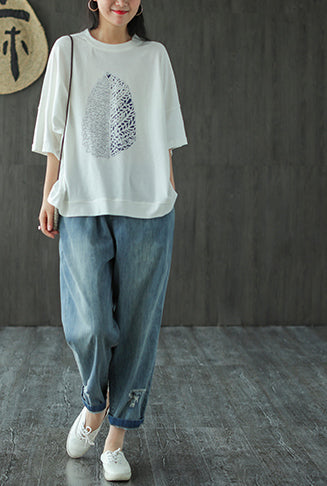 Leaf Printed Summer Half Sleeve Cotton T-Shirt