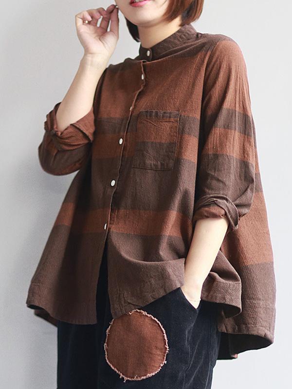 Loose Cropped Plaid Stand Collar Shirt