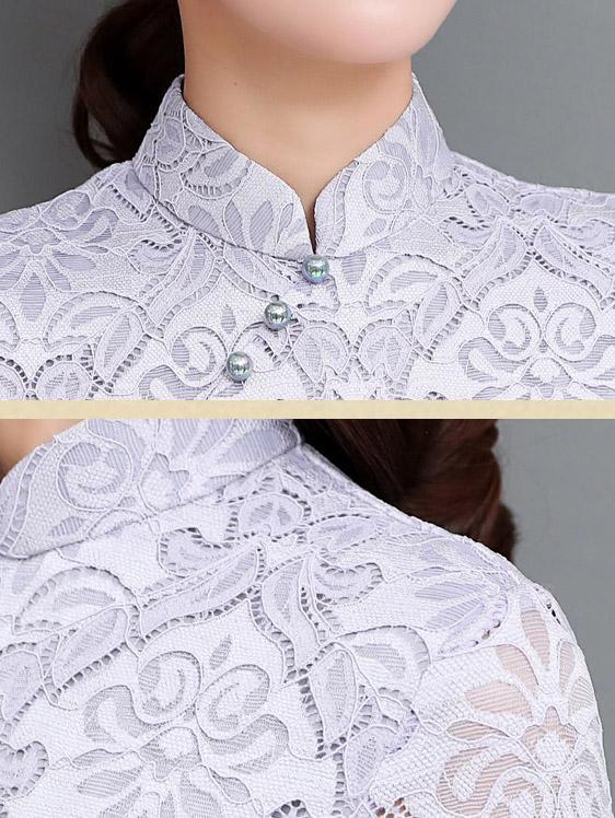 Gray&Coffee Lace A-line Long Cheongsam Ao Dai