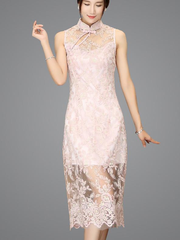 Pink Lace Embroidered Long Cheongsam