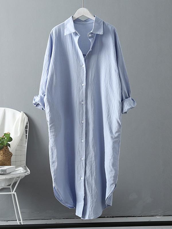 Loose Solid Ramie Cotton Shirt Dress