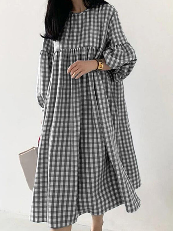 Casual Plaid Loose Long Sleeve Midi Dress