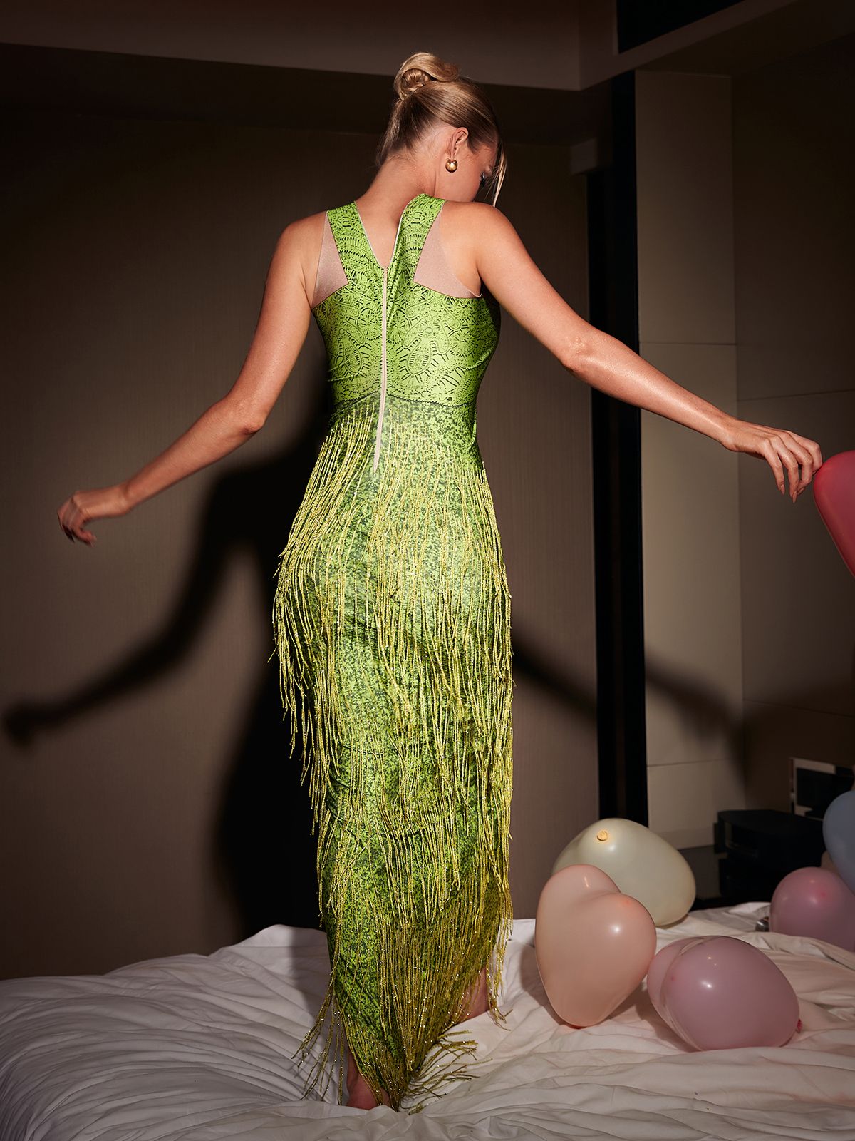Cyfel Floral Crystal Fringe Midi Dress In Green