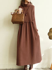 Long Sleeves Solide High Neck Maxi Dress