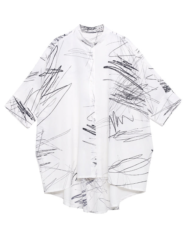 Loose Abstract Printed Irregular Stand-Collar Blouse