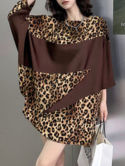 Batwing Sleeves Roomy Asymmetric Contrast Color Leopard Letter Print Split-Joint Round-Neck Mini Dresses