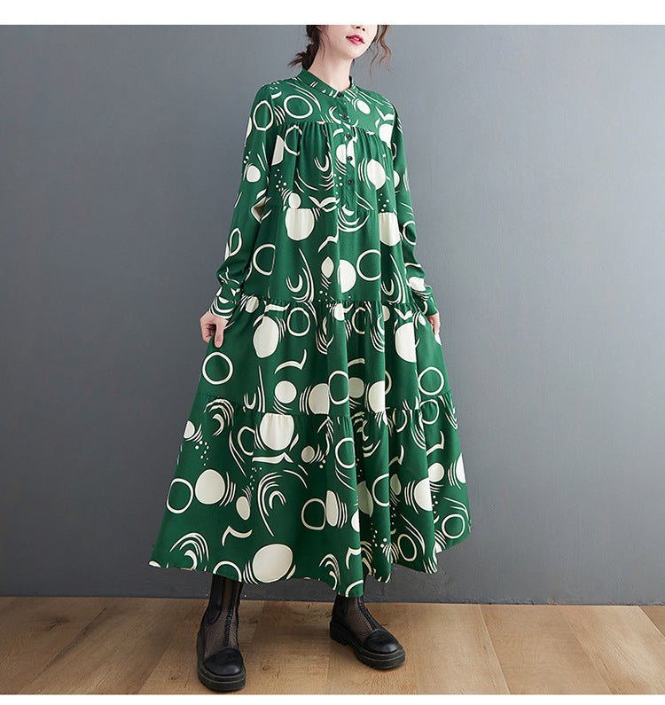 Vintage Print Long Sleeve Midi Dress