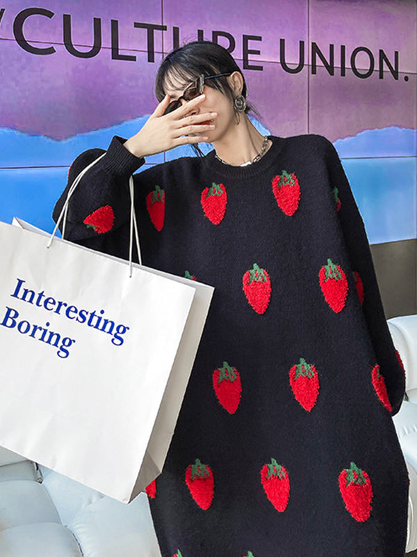 Loose Strawberry Jacquard Knit Midi Dress