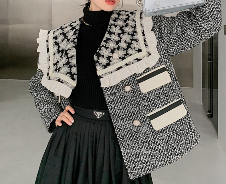 Retro Houndstooth Embroidered Lace Collar Outwear