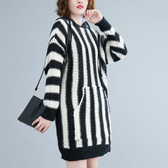 Loose Striped Hooded Knitted Mini Dress