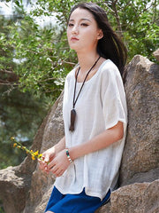 White&Purple High-low Short Sleeves Ramie Cotton T-shirt