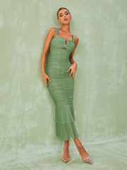 Eri Ruched Mesh Maxi Dress In Green