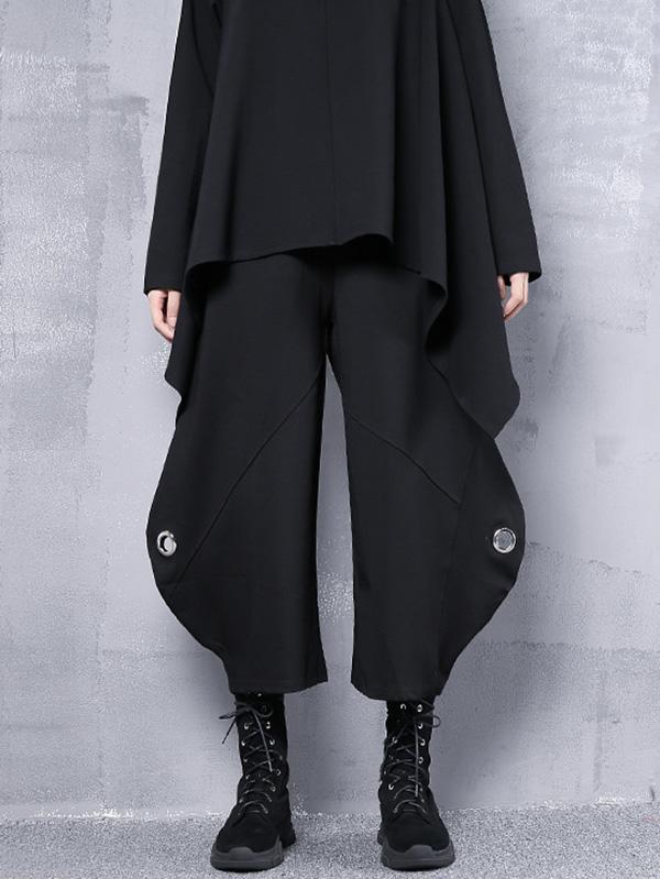 Black Roomy Hollow High-Waist Casual Pants