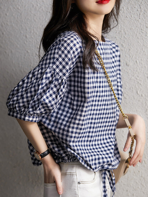 Retro Check Print Bat Sleeve Loose Shirt