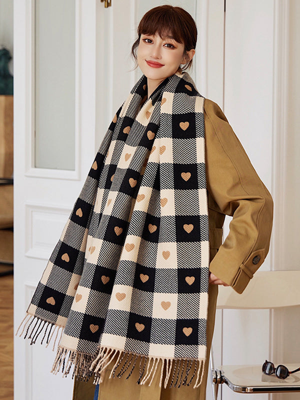 Retro Checkerboard Love Heart Tassel Warmer Scarf&Shawls