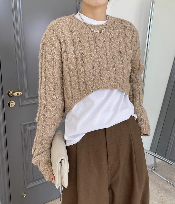 High Waist Short Round Neck Cable Sweater