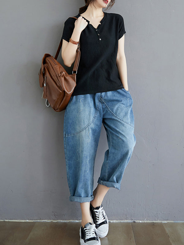 Women Solid Color V-Neck Buttoned Loose Short Sleeve T-Shirt