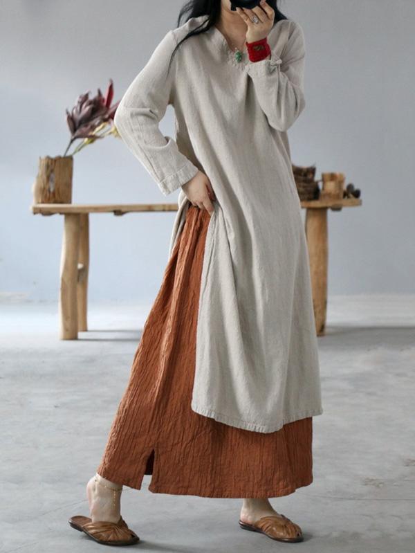 Vintage Solid V-Neck Split-Side Button Dress