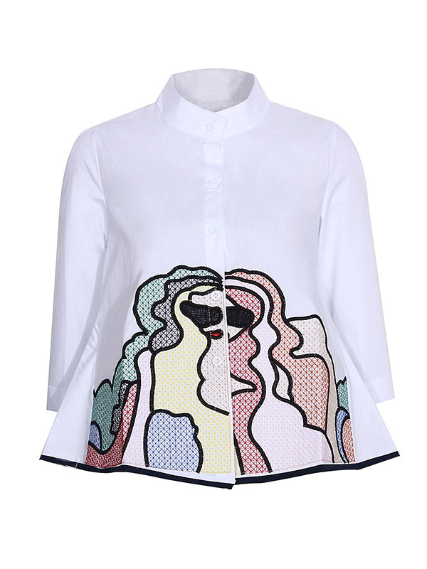 Casual High-Low Loose Printed Stand Collar Blouses&Shirts Tops