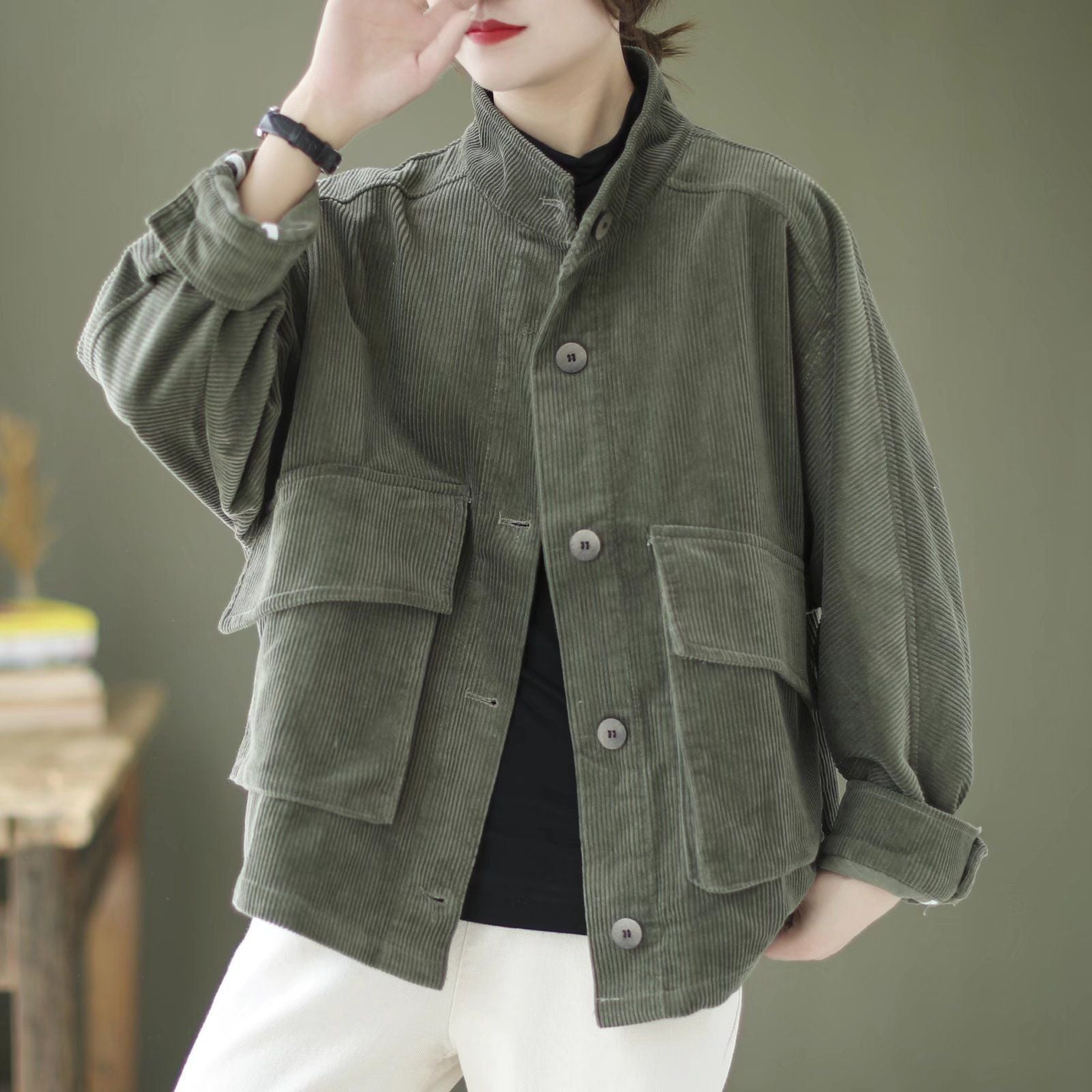 Loose Casual Solid Color Stand Collar Coat