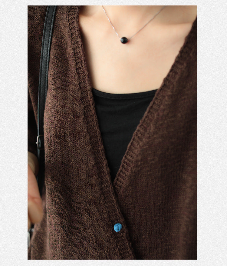Solid V-Neck Loose Retro Cardigan Outwear