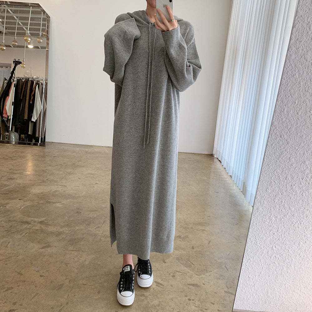 Loose Solid Knitted Split Hooded Midi Dress
