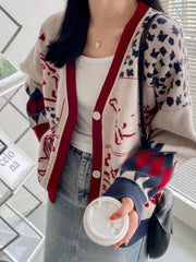 Knitted Printed V Neck Long Sleeve Cardigan Top