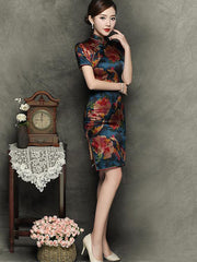 Elegant Flower Short Slim Cheongsam Dress