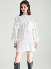 Irregular Pleated Ruffle Heart Balloon Sleeve Mini Shirt Dress