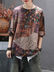 Loose Ethnic Style Print Round Neck Sweater