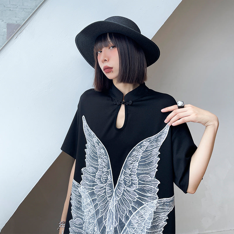 Loose Wing Embroidery Stitching Midi Dress