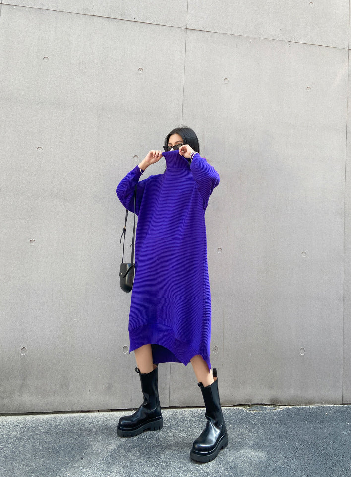 Long Sleeve Loose Sweater Dress With Irregular Splits