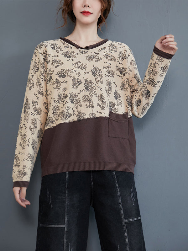 Women Retro Floral Contrast Stitching Sweater