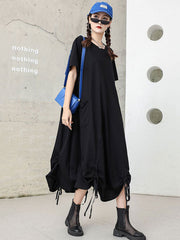 Original Creation Short Sleeves Roomy Drawstring Pure Color Round-Neck Midi Dresses