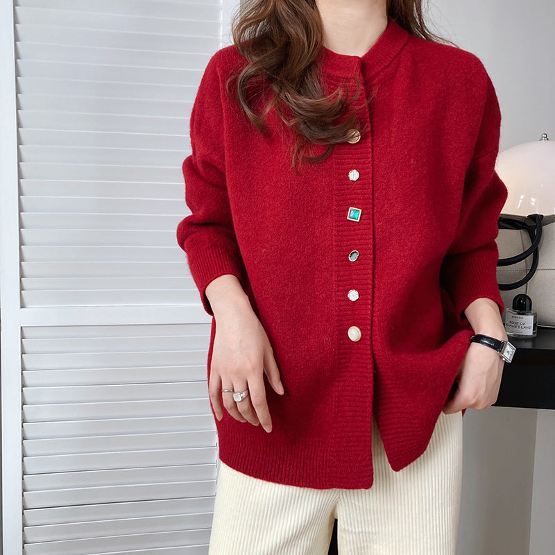 Women Round Neck Loose Solid Color Casual Coat