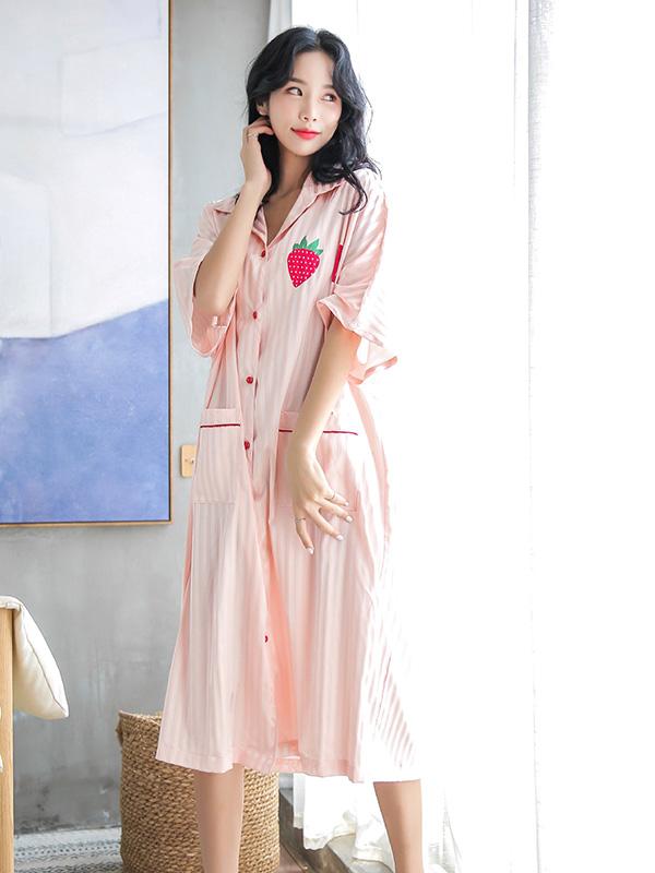 Strawberry Print Striped Ice Silk Loose Pajamas