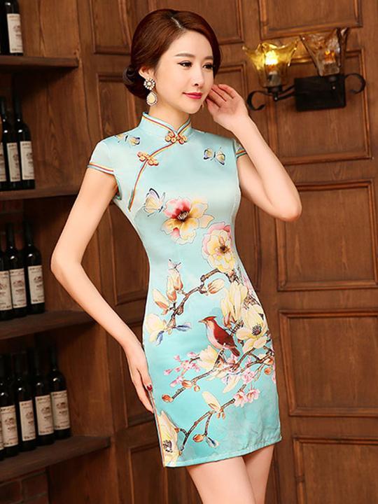 Floral-Printed Slim Fit Short Cheongsams Dress