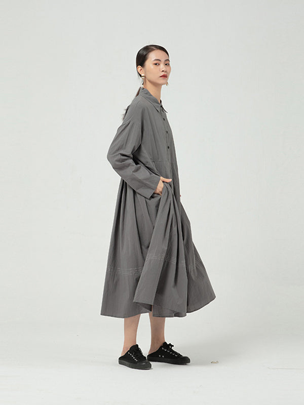 Solid Color Long Sleeve Pleated Maxi Dress