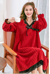 Casual Loose Solid Color V-Neck Coral Fleece Midi Pajamas Dress