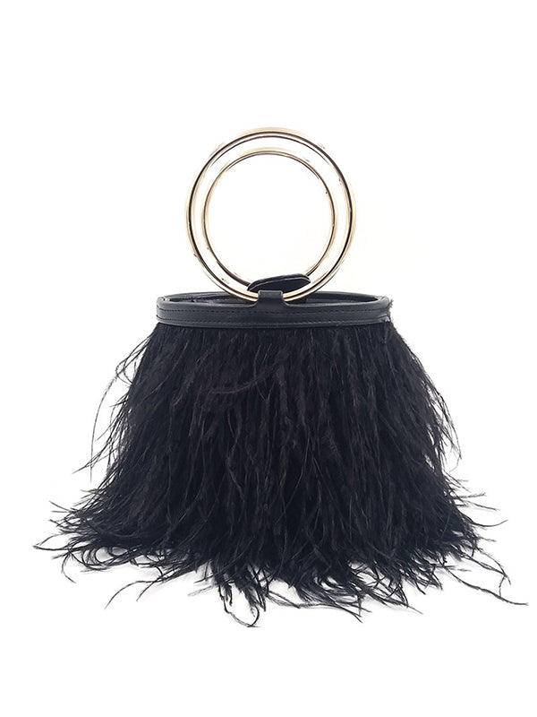 Ostrich Fur Tassel Metal Circle Handbag