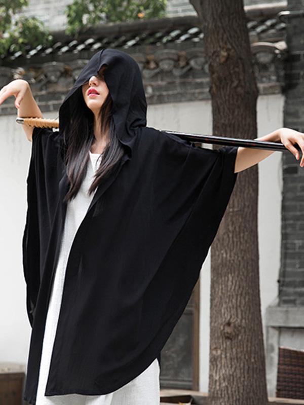 Simple Solid Loose Batwing Sleeve Hood Cape