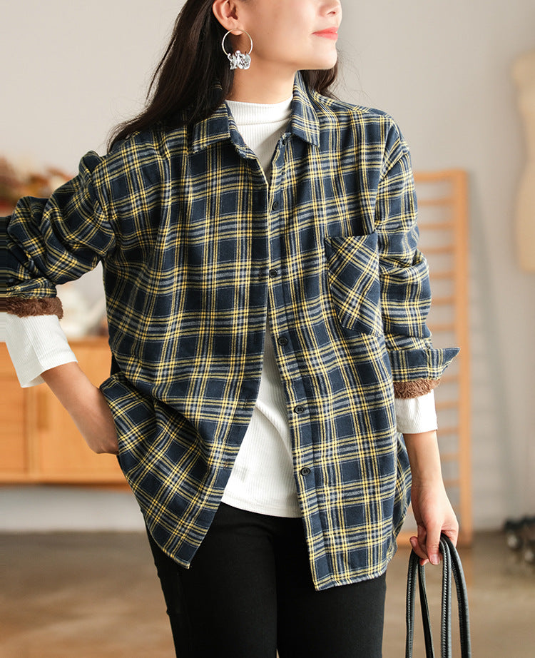 Retro Plaid Thicken Lapel Collar Shirt